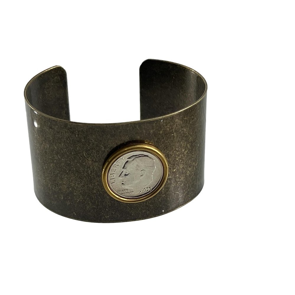 US 1959 Rosevelt Dime Brass Antique Finish Cuff Bracelet 1.5" Wide